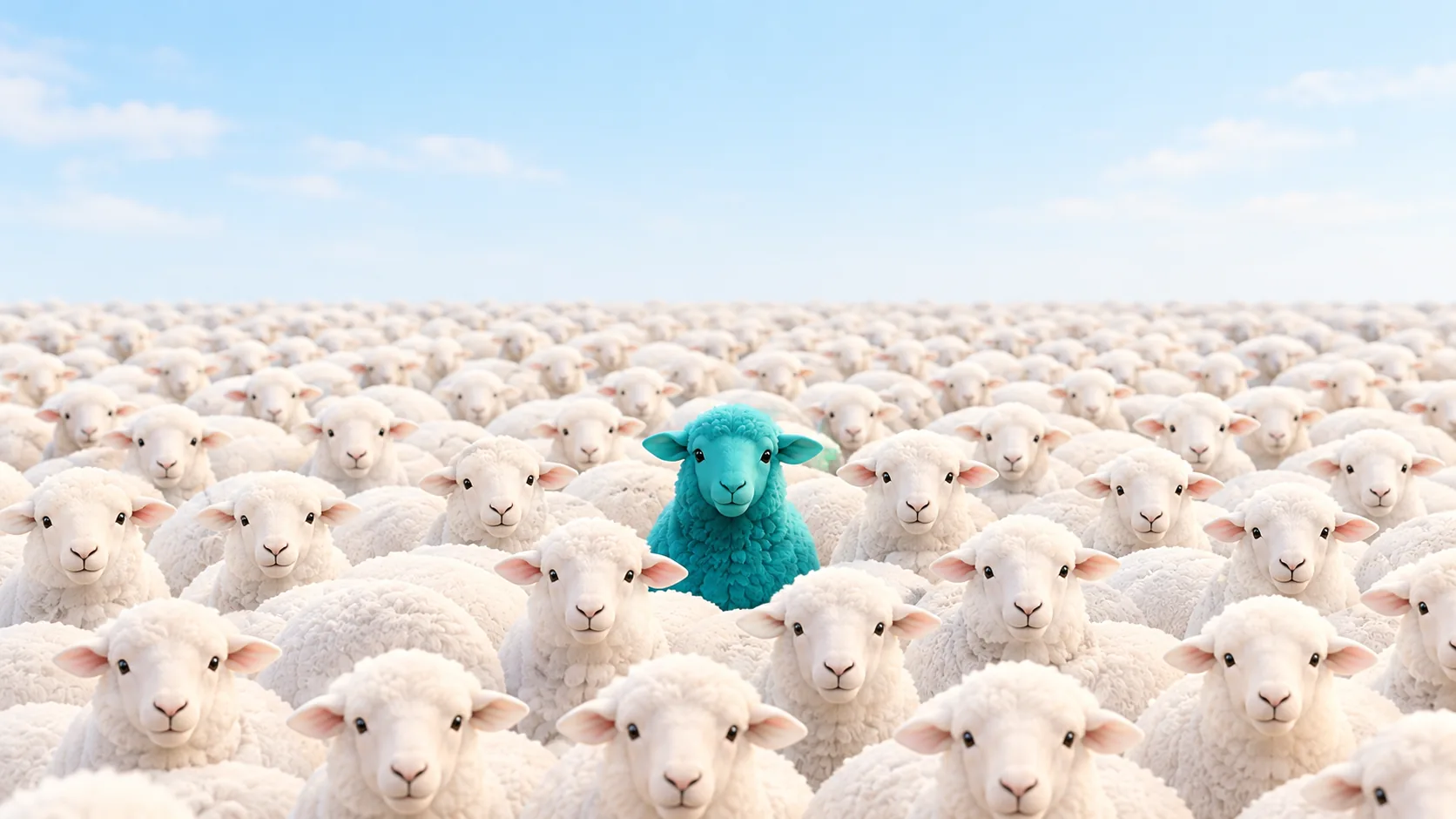 One teal sheep standing out in a flock of white sheep