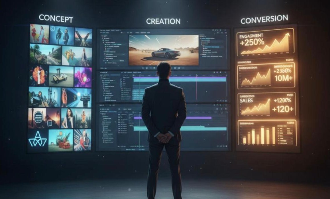 A man facing three big screens labelled Concept, Creation and Conversion